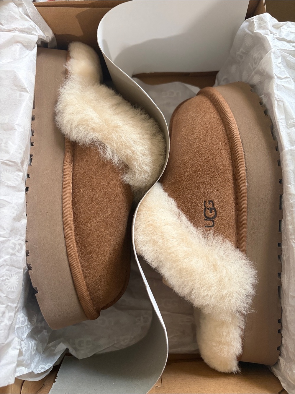UGG Women's Chestnut Suede Shearling Platform Mules
